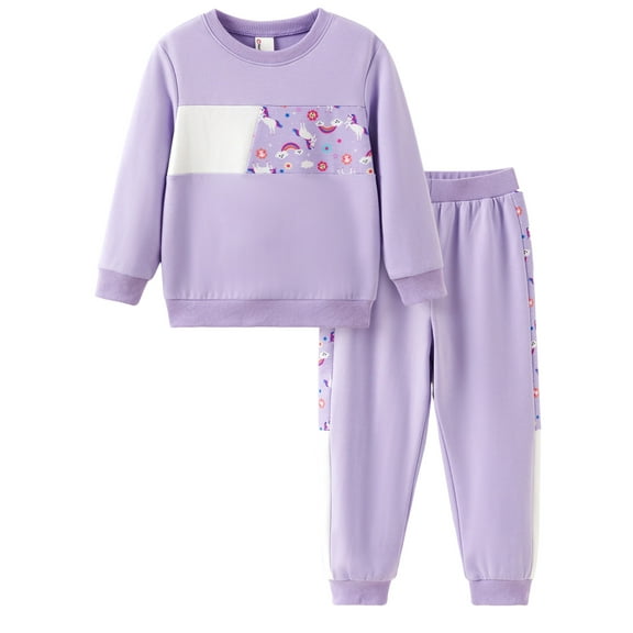 PatPat Girls Clothes Toddler Sweatshirts 2 Piece Top & Pants Kids Long Sleeve Fall Pullover and Joggers School Outfits Sets, Purple, 4-5 Years