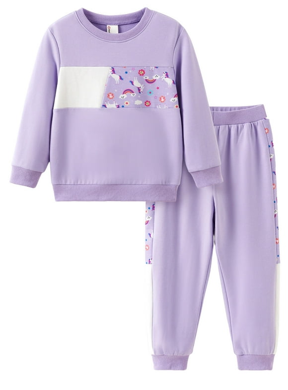 Girls Clothes Toddler Sweatshirts 2 Piece Top & Pants Kids Long Sleeve Fall Pullover and Joggers School Outfits Sets, Purple, 3T