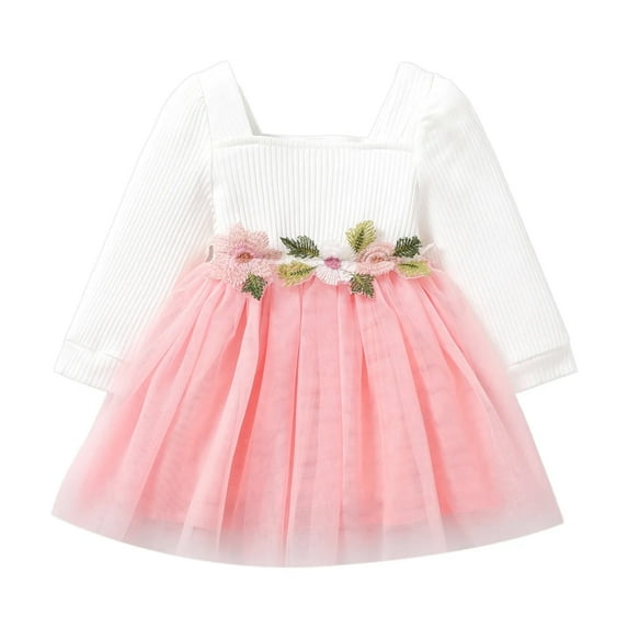 PatPat Princess Dresses for Baby Girls Floral Mesh Long-sleeve Pink Tutu Dress, 18-24 Months