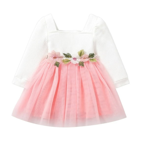 PatPat Princess Dresses for Baby Girls Floral Mesh Long-sleeve Pink Tutu Dress, 6-9 Months