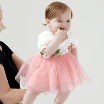 PatPat Princess Dresses for Baby Girls Floral Mesh Puff-sleeve Pink Tutu Dress, 3-6 Months