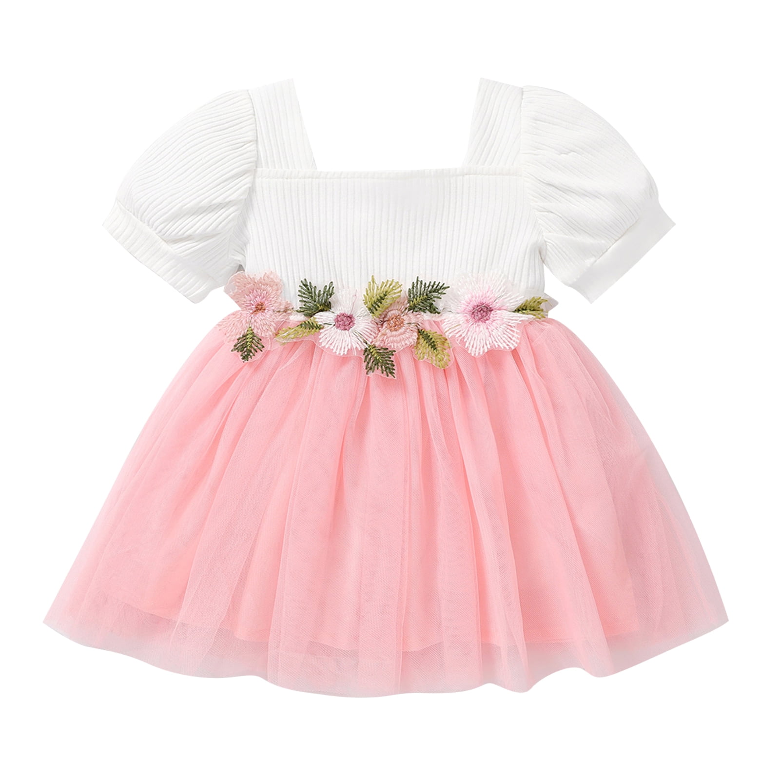 PatPat Princess Dresses for Baby Girls Floral Mesh Puffsleeve Pink
