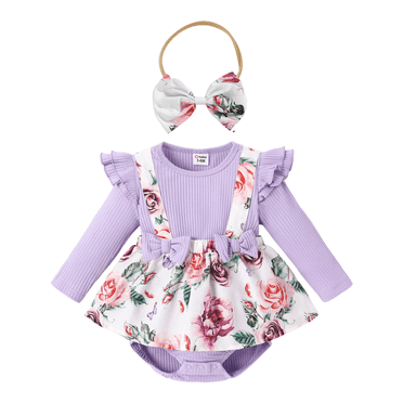 PatPat Ribbed Floral Baby Romper Dress Long Sleeve,Long Sleeve Bodysuits Infant Jumpsuit Clothes,0-18month