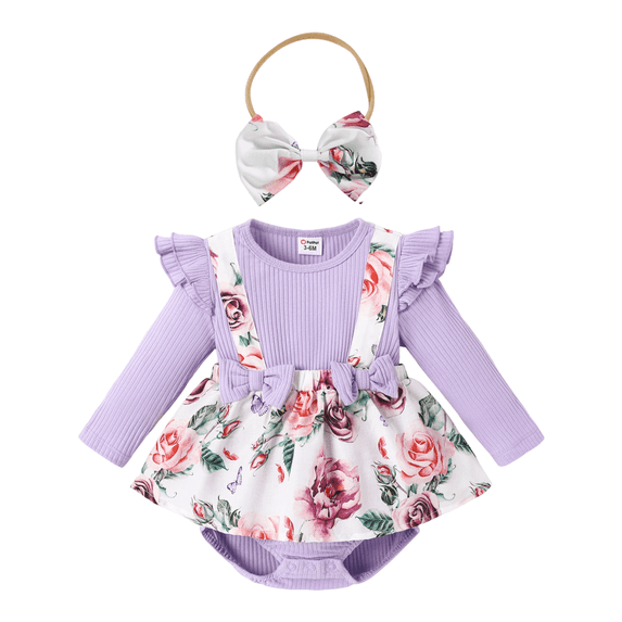 PatPat Ribbed Floral Baby Romper Dress Long Sleeve,Long Sleeve Bodysuits Infant Jumpsuit Clothes,0-18month