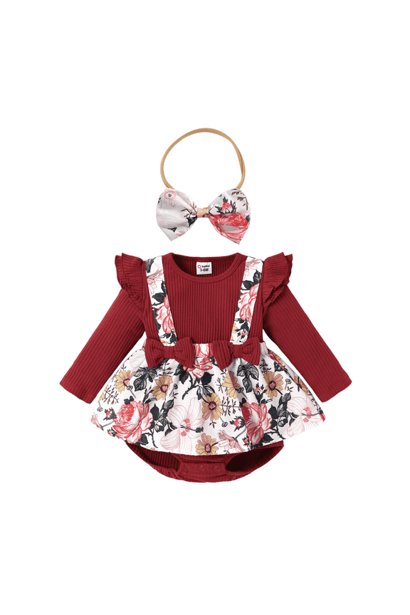 Ribbed Floral Baby Romper Dress Long Sleeve,Long Sleeve Bodysuits Infant Jumpsuit Clothes,0-18month