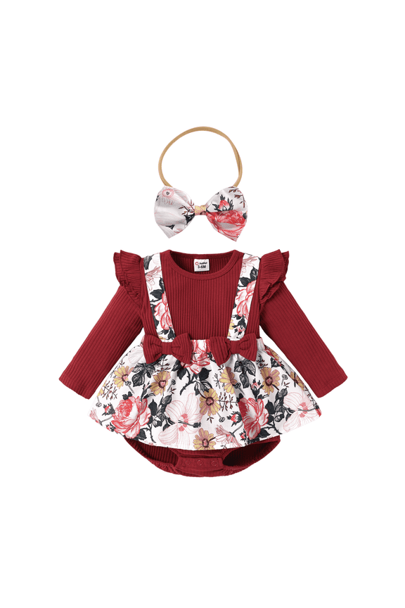 Ribbed Floral Baby Romper Dress Long Sleeve,Long Sleeve Bodysuits Infant Jumpsuit Clothes,0-18month