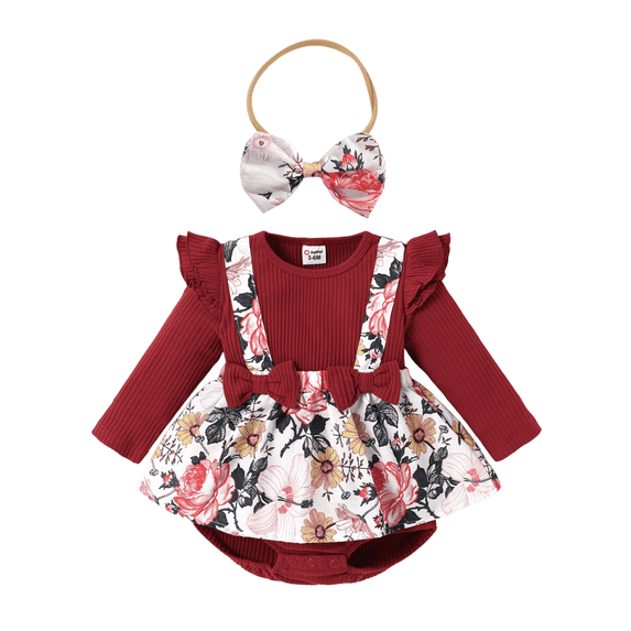 PatPat Ribbed Floral Baby Romper Dress Long Sleeve,Long Sleeve Bodysuits Infant Jumpsuit Clothes,0-18month