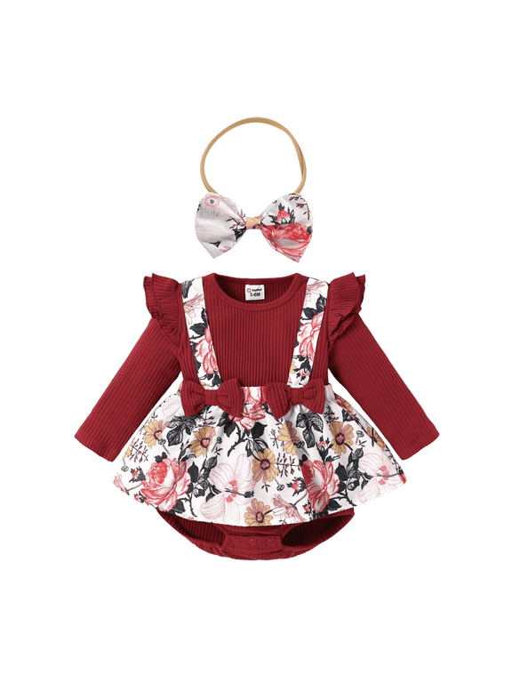 Ribbed Floral Baby Romper Dress Long Sleeve,Long Sleeve Bodysuits Infant Jumpsuit Clothes,0-18month