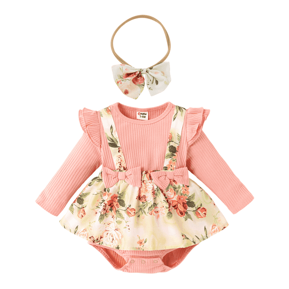 PatPat Ribbed Floral Baby Romper Dress Long Sleeve,Long Sleeve Bodysuits Infant Jumpsuit Clothes,0-18month