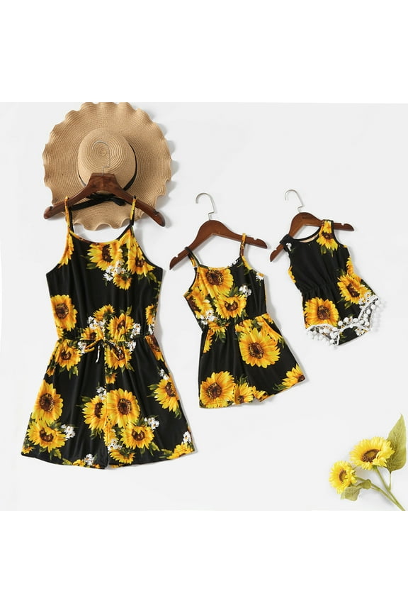 Girls Rompers Summer Outfits Sunflower Mommy and Me Family Matching Outfits Jumpsuit for Toddler Girls, 4-5Y