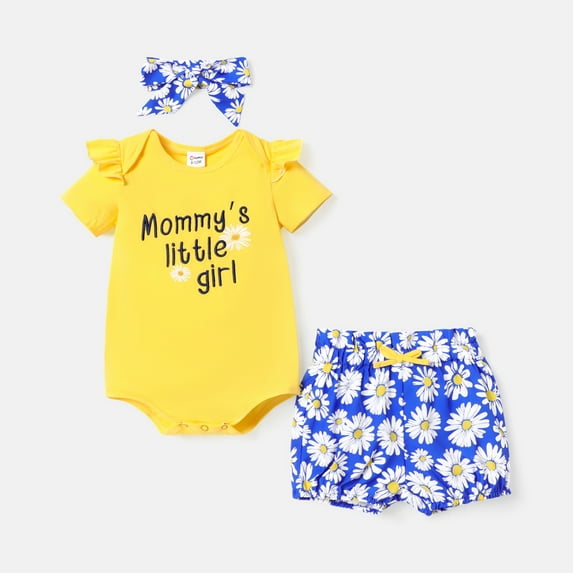 PatPat Short-Sleeve Romper And Bloomer Shorts with Headband Floral Print, Casual (Infant)