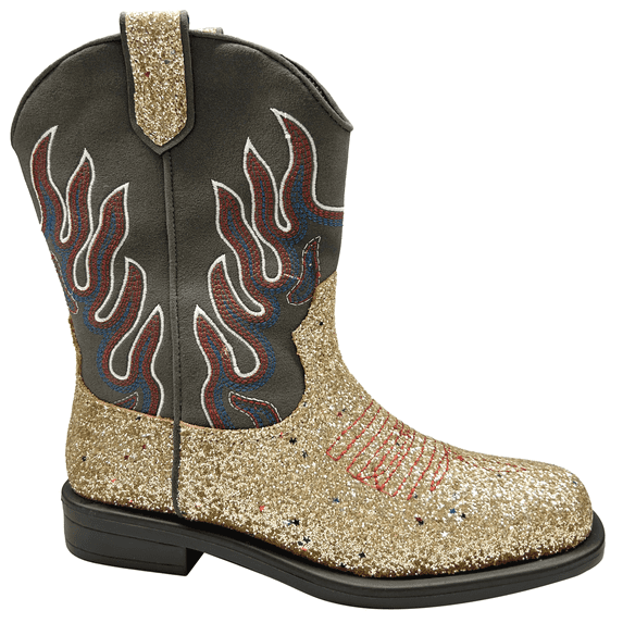 PatPat Size 1 Gold Boys Cowboy Boots,Square Toe Mid Calf Embroidered Cowboy Boots for Big Kid Western Riding Shoes