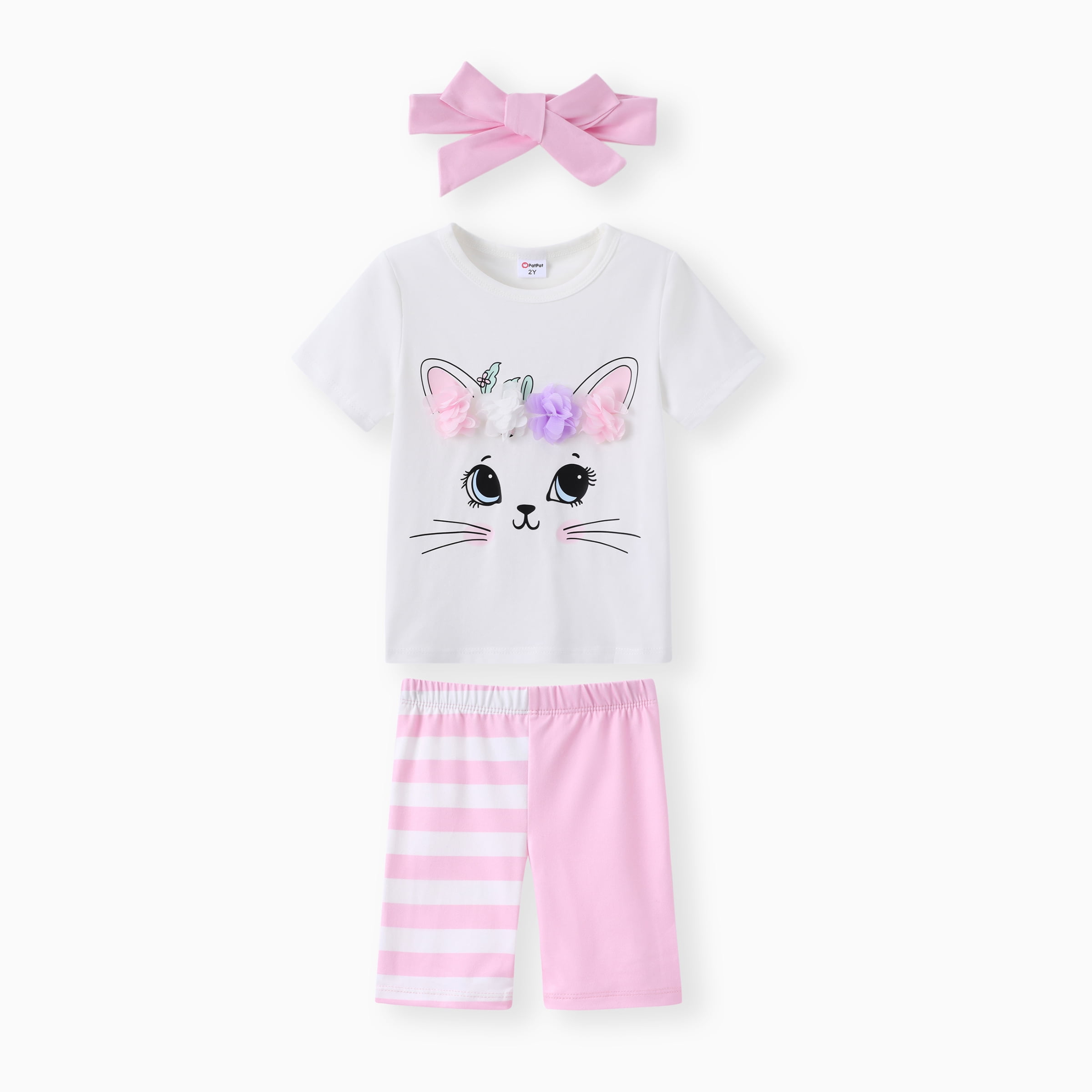 PatPat Summer Girls Clothes Toddler Girl 3pcs Graphic Tee and Shorts and Headband Set, Pink, 3 Years