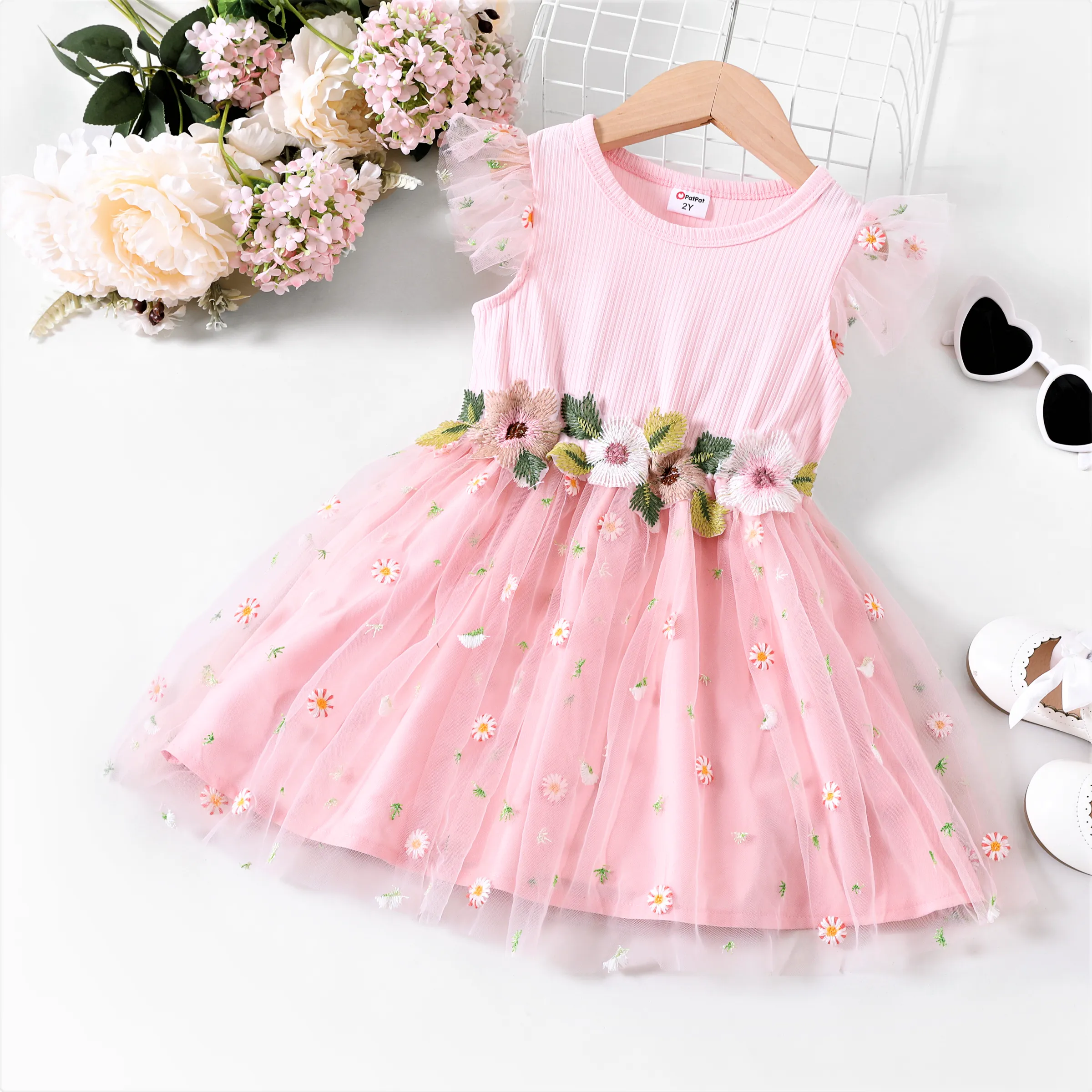 PatPat Summer Girls Clothes Toddler Girl Sweet Flutter Sleeve Flower Dress, Pink, 5-6 Years