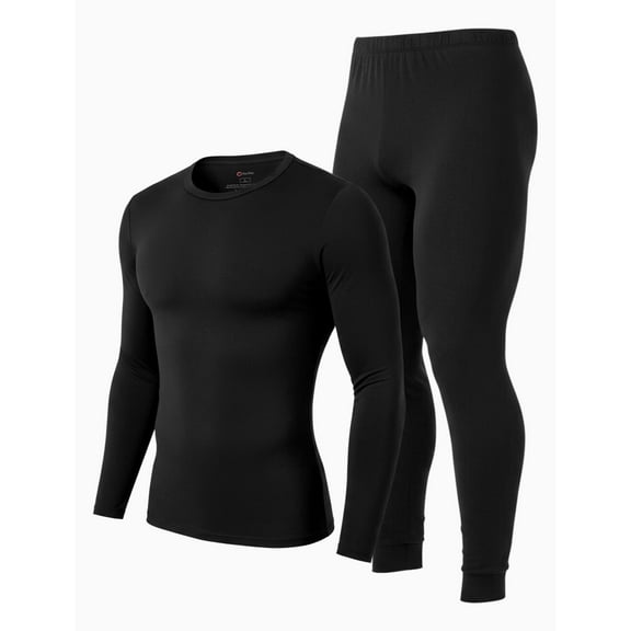 PatPat Thermal Underwear for Men Long Sleeve Warm Base Layer Top & Legging 2 Piece Set Loungewear with Soft Brushed Lining, Black, XXL