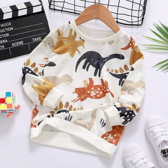 PatPat Toddler Boy Clothes Long Sleeves Sweatshirt Animal Dinosaur Print Pullover, White, 5-6 Years
