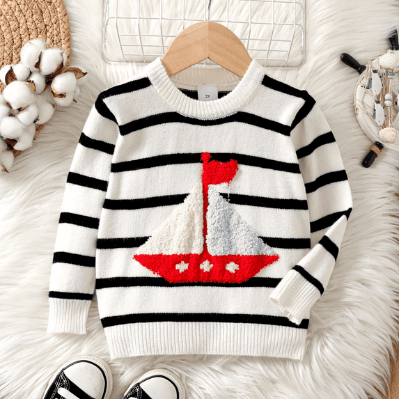 PatPat Toddler Boy Clothes Girl Sweatshirt Sailboat Pattern Stripe Knit Sweater Sizes 2-6 Years