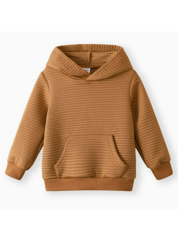 Toddler Boy Clothes Baby Girl Sweatshirts Cute Hoodies Solid Color Textured Long Sleeves Pullover Top with Pocket, Brown, 18-24M