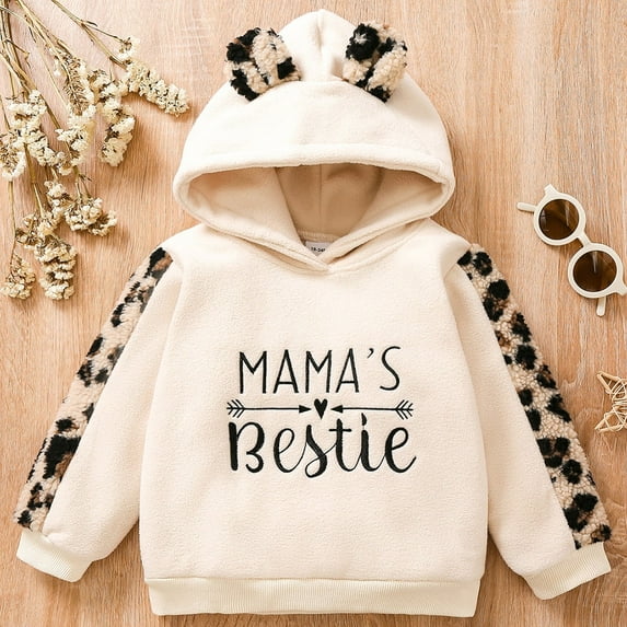 PatPat Toddler Girl Clothes Baby Fleece Hoodie Letter Print Pullover with Leopard Patchwork Long Sleeves Sweatshirts