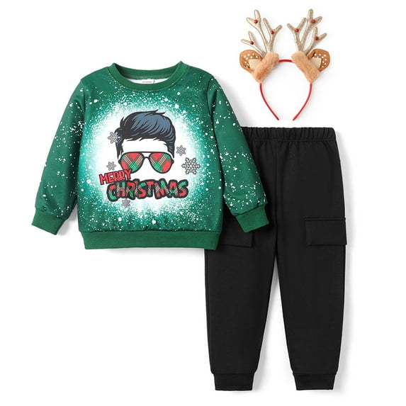 PatPat Toddler Boy Girl Outfit Christmas Childlike Sweatshirt and Jogger Set,Green,Size 2-6 Years