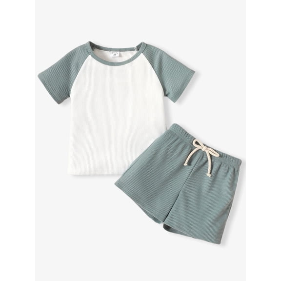 PatPat Toddler Boys Clothes Baby Boy Outfit Sets Kids Waffle Color Block Raglan Sleeve Tee & Solid Shorts Set,2-Piece, Blue,18-24M