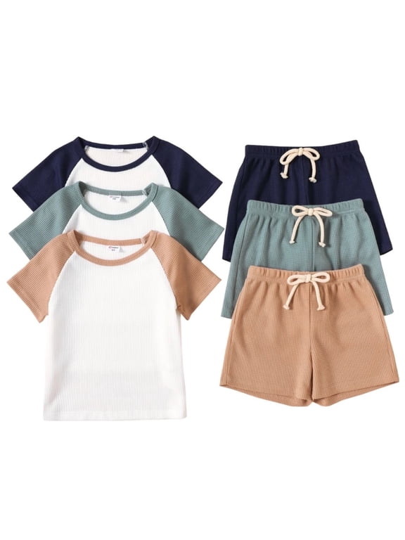 Toddler Boys Clothes Baby Boy Outfit Sets Kids Waffle Color Block Raglan Sleeve Tee & Solid Shorts Set,2-Piece, Brown,18-24M