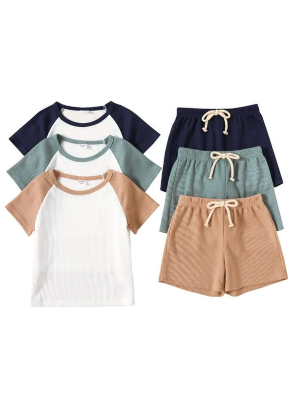 Toddler Boys Clothes Baby Boy Outfit Sets Kids Waffle Color Block Raglan Sleeve Tee & Solid Shorts Set,2-Piece, Brown,18-24M