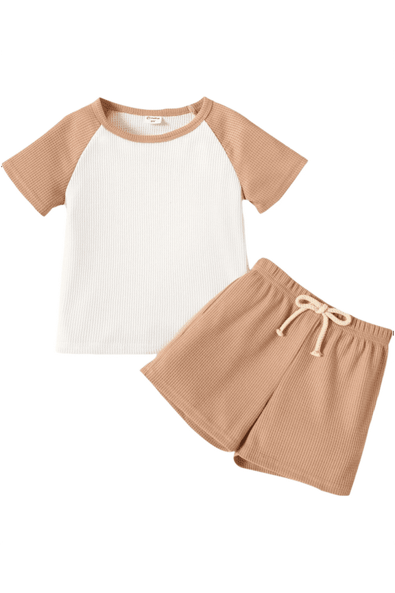 Toddler Boys Clothes Baby Boy Outfit Sets Kids Waffle Color Block Raglan Sleeve Tee & Solid Shorts Set,2-Piece, Brown,3T
