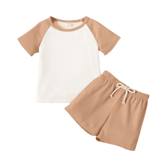 PatPat Toddler Boys Clothes Baby Boy Outfit Sets Kids Waffle Color Block Raglan Sleeve Tee & Solid Shorts Set,2-Piece, Brown,5-6T