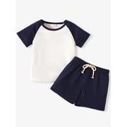 PatPat Toddler Boys Clothes Baby Boy Outfit Sets Kids Waffle Color Block Raglan Sleeve Tee & Solid Shorts Set,2-Piece, Navy Blue,18-24M