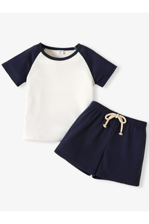 Toddler Boys Clothes Baby Boy Outfit Sets Kids Waffle Color Block Raglan Sleeve Tee & Solid Shorts Set,2-Piece, Navy Blue,3-4T
