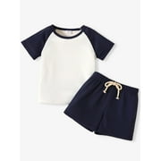 PatPat Toddler Boys Clothes Baby Boy Outfit Sets Kids Waffle Color Block Raglan Sleeve Tee & Solid Shorts Set,2-Piece, Navy Blue,3-4T