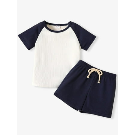 PatPat Toddler Boys Clothes Baby Boy Outfit Sets Kids Waffle Color Block Raglan Sleeve Tee & Solid Shorts Set,2-Piece, Navy Blue,5-6T price history and forecast - PatPat