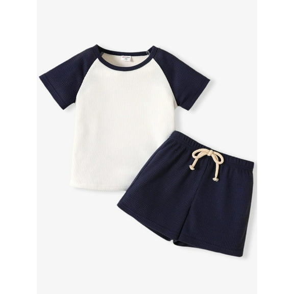 PatPat Toddler Boys Clothes Baby Boy Outfit Sets Kids Waffle Color Block Raglan Sleeve Tee & Solid Shorts Set,2-Piece, Navy Blue,5-6T