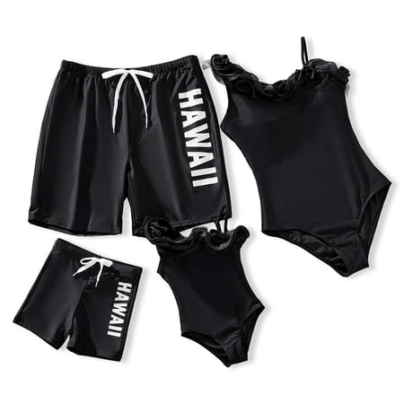 PatPat Toddler Boys Swim Trunks HAWAII Letter Drawstring Swim Shorts Family Matching Swimsuits One Piece Bathing Suit