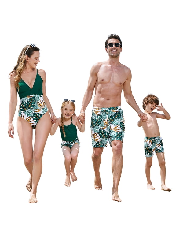 Toddler Boys Swim Trunks Tropical Plants Swim Shorts Family Matching Swimsuits for Women Men Girls Boys, Dark Green, Boy 4-5 Years