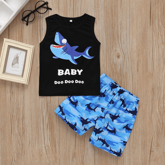 PatPat Toddler Clothes 2pcs Baby Boys Cartoon Shark Print Tank and Shorts Outfit Sets, Blue, 3 Years