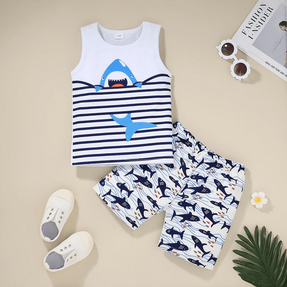 PatPat Toddler Clothes 2pcs Baby Boys Cartoon Shark Print Tank and Shorts Outfit Sets, White, 4-5 Years