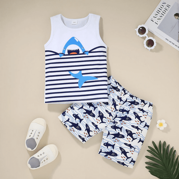 PatPat Toddler Clothes 2pcs Baby Boys Cartoon Shark Print Tank and Shorts Outfit Sets, White, 9-12 Months