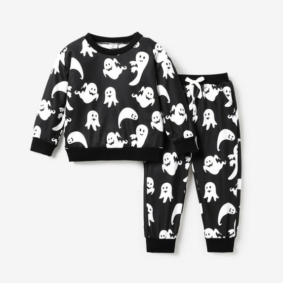 PatPat Halloween 2pcs Toddler Boys Sweatshirts Ghost Graphic Long Sleeves Hoodies & Pants Outfits Set, Black, 2 Years