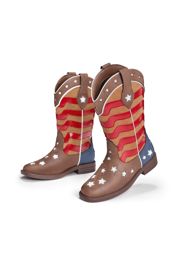 Toddler Cowboy Boots Size 5T, Red and Brown Striped Flag Cowboy Boots for Boys