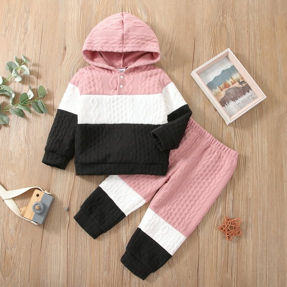 PatPat Toddler Girl Boy Long Sleeve Colorblock Hoodie Sweatshirt and Jogger Pants Set for Baby, Pink, Baby: 18-24 Months