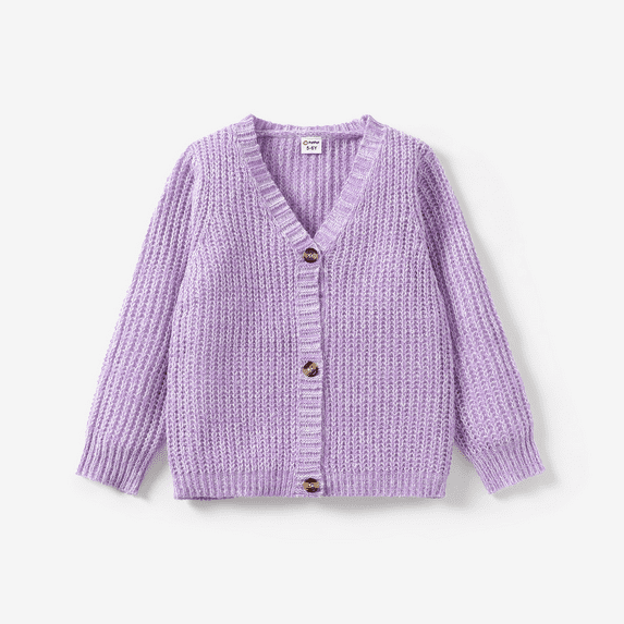 PatPat Toddler Girl Button Design Waffle Knit Sweater Cardigan Light Purple Size 5-6 Years