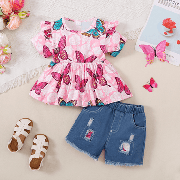 PatPat Toddler Girl Clothes 2pcs Butterfly Print Ruffled Top and Ripped Denim Shorts Outfit Sets, Pink, 2 Years