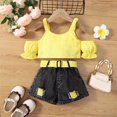 thumbnail image 1 of PatPat Toddler Girl Clothes 2pcs Cold Shoulder Plaid Camisole and Trendy Ripped Denim Shorts Set, Yellow, 2T, 1 of 6