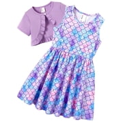 PatPat Toddler Girl Clothes Girls Dresses Summer Sleeveless Mermaid Tie-dye Dress and Short Sleeve Ruffled Cardigan Twofer Outfit Sets, Purple, 2 Years