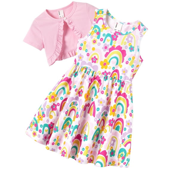 PatPat Toddler Girl Clothes Girls Dresses Summer Sleeveless Plaid Floral Dress and Short Sleeve Ruffled Cardigan 2 Piece Outfit Sets, Dark Pink, 2 Years
