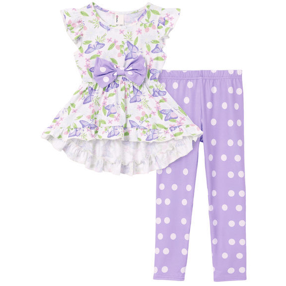 PatPat Toddler Girl Clothes Kids Girls Outfits Butterfly Bowknot Flutter Sleeve Tops with Polka Dot Leggings 2 Piece Outfit Set, Purple, 2 Years