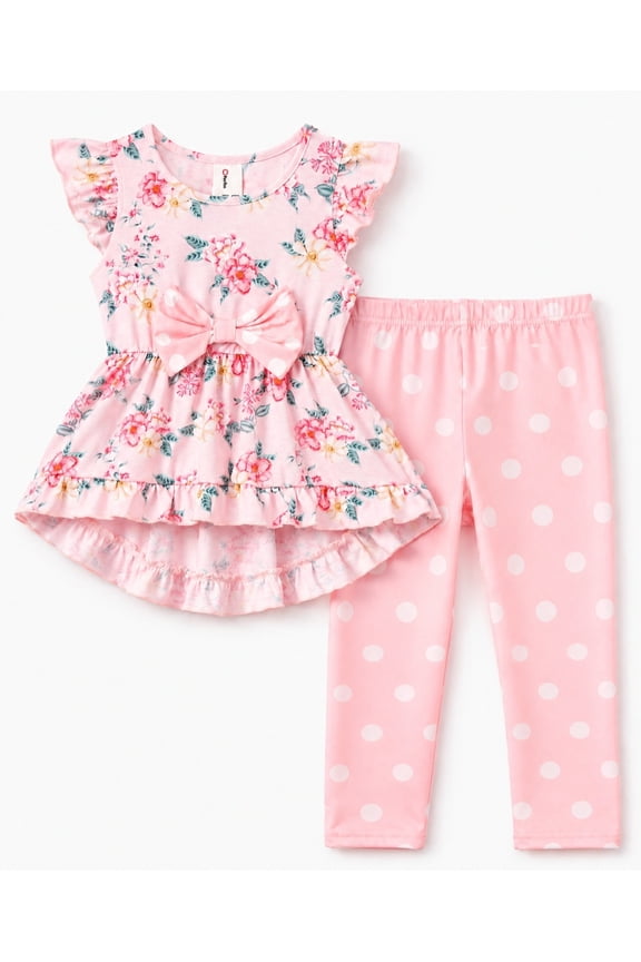 Toddler Girl Clothes Kids Girls Outfits Floral Bowknot Flutter Sleeve Tops with Polka Dot Leggings 2 Piece Outfit Set, Pink, 2 Years