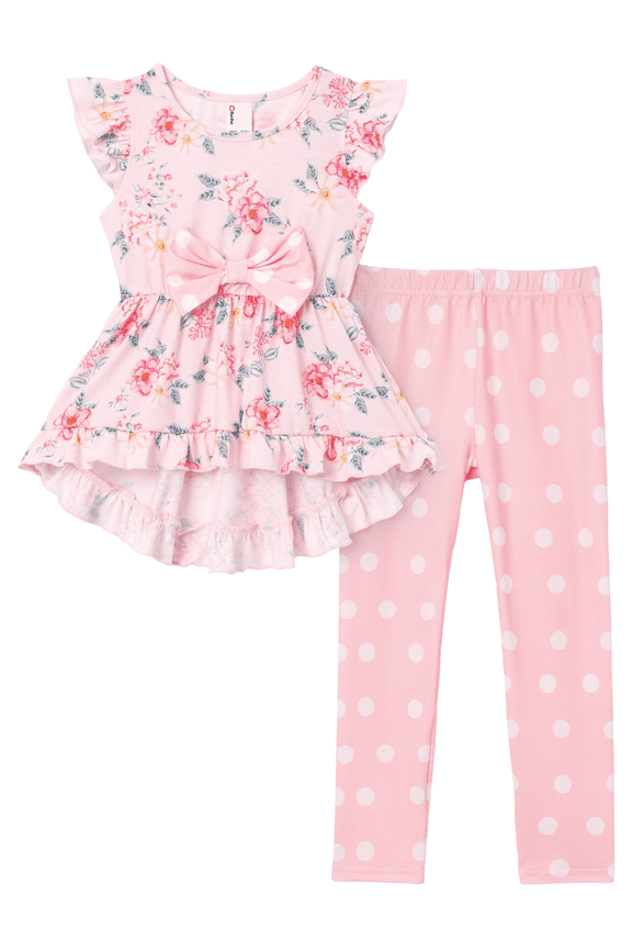 Toddler Girl Clothes Kids Girls Outfits Floral Bowknot Flutter Sleeve Tops with Polka Dot Leggings 2 Piece Outfit Set, Pink, 2 Years